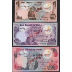 Мальта набор из 3 банкнот 1,5,10 лир образцы (MALTA 3 banknote set 1,5,10 Liri specimens) PCS 1 : Unc