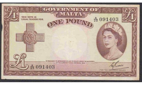 Мальта 1 фунт L.1949 г. (MALTA 1 Pound L. 1949) P 24a: XF