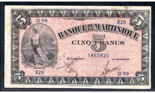 Мартиника 5 франков ND (1942 г.) (MARTINIQUE 5 FrancsND (1942)) P16b:VF+