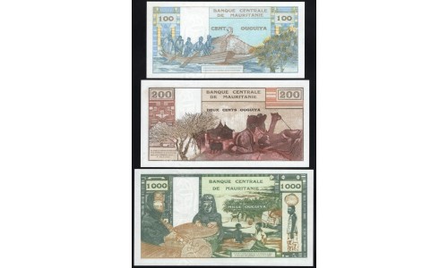 Мавритания, набор 100, 200, 1000 угий 1973 (Mauritania, set 100, 200, 1000 Ouquiya 1973) P 1a-3a : UNC