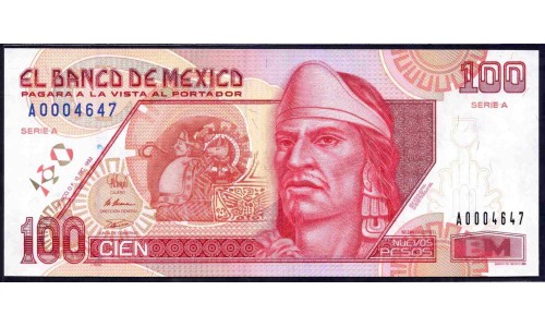 Мексика 100 песо 1992 года, Серия А (MEXICO 100 Pesos 1992) P 102: UNC