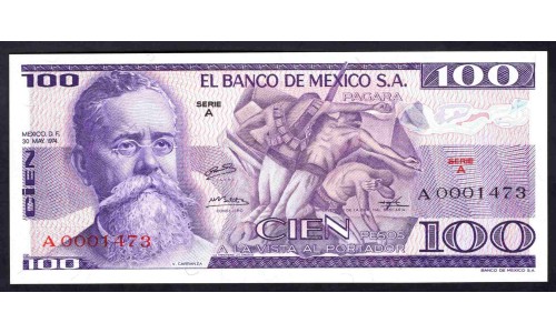 Мексика 100 песо 1974 серия A (MEXICO 100 Pesos 1974 series A) P 66а : UNC