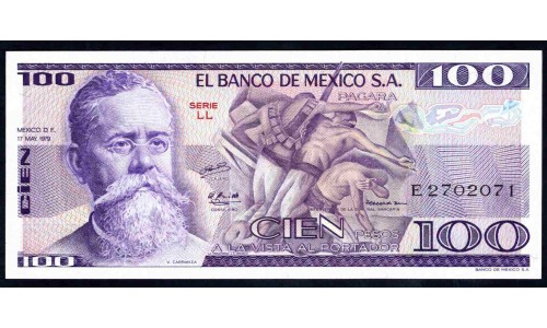 Мексика 100 песо 1979 серия LL (MEXICO 100 Pesos 1979 series LL) P 68b : UNC