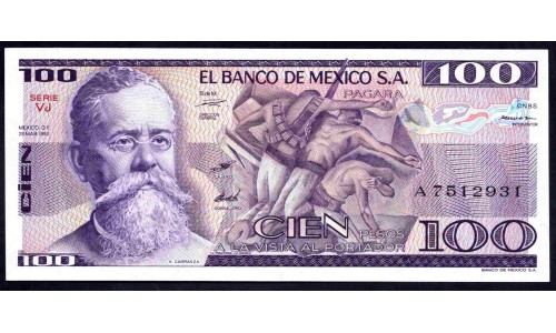 Мексика 100 песо 1982 серия VJ (MEXICO 100 Pesos 1982 series VJ) P 74c : UNC
