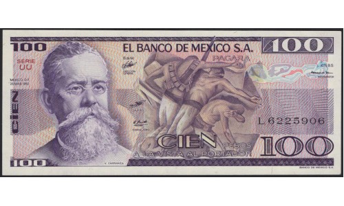 Мексика 100 песо 1982 серия UU (MEXICO 100 Pesos 1982 series UU) P 74c : UNC