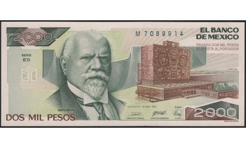 Мексика 2000 песо 1989 серия ED (MEXICO 2000 Pesos 1989 series ED) P 86c : UNC