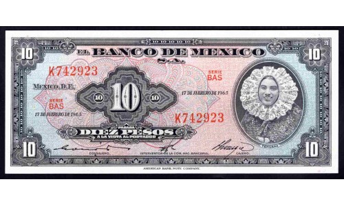 Мексика 10 песо 1965 (MEXICO 10 Pesos 1965) P 58k : UNC