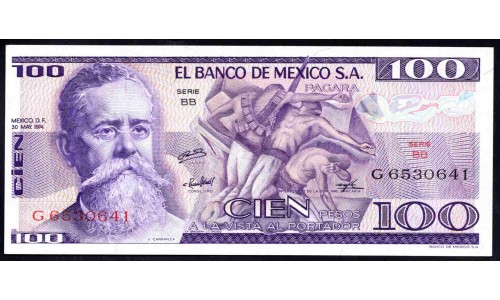 Мексика 100 песо 1974 серия BB (MEXICO 100 Pesos 1974 series BB) P 66а : UNC