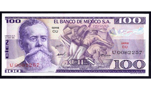 Мексика 100 песо 1974 серия CU (MEXICO 100 Pesos 1974 series CU) P 66а : UNC