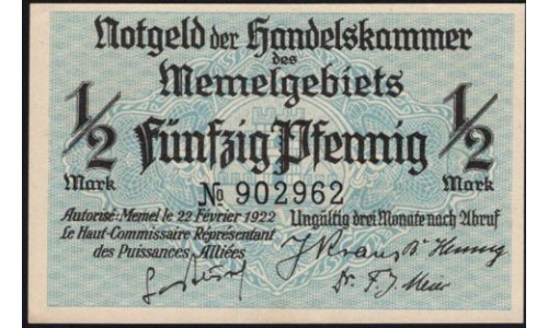 Литва 50 пфенниг 1922 (Мемель) (LITHUANIA 50 pfening 1922(Memel)) P 1 : UNC