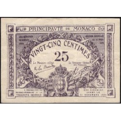 Монако 25 сантимов 1920 года, со штампом (MONACO 25 santimes 1920) P 2b : XF