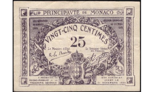 Монако 25 сантимов 1920 года, со штампом (MONACO 25 santimes 1920) P 2b : XF