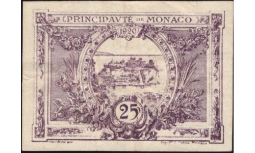 Монако 25 сантимов 1920 года, со штампом (MONACO 25 santimes 1920) P 2b : XF