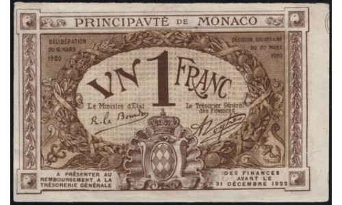 Монако 1 франк 1920 (MONACO 1 Franc 1920) P 4a : aUNC