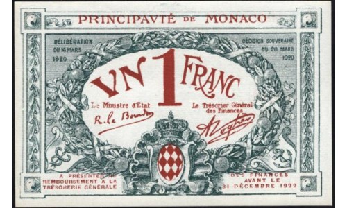Монако 1 франк 1920 г. (MONACO 1 Franc 1920) P 5: UNC