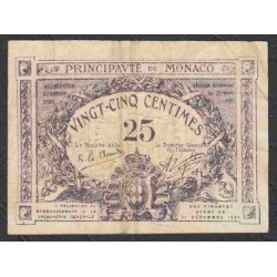 Монако 25 сантимов 1920 года, со штампом (MONACO 25 santimes 1920) P 2b: VF