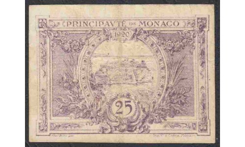 Монако 25 сантимов 1920 года, со штампом (MONACO 25 santimes 1920) P 2b: VF