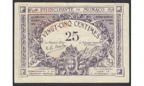 Монако 25 сантимов 1920 года, со штампом (MONACO 25 santimes 1920) P 2b: VF/XF
