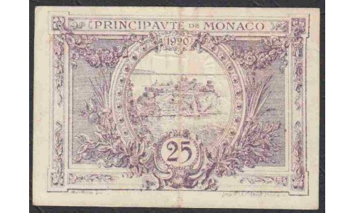 Монако 25 сантимов 1920 года, со штампом (MONACO 25 santimes 1920) P 2b: VF/XF