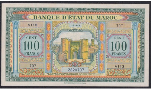 Марокко 100 франков 1943 года, 282707 (MOROCCO 100 francs 1943) P 27(1): UNC