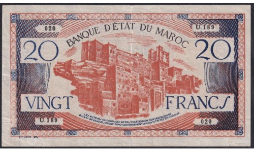 Марокко 20 франков 1943 года (MOROCCO 20 francs 1943) P 39: VF/XF