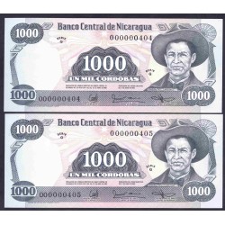 Никарагуа набор из 2-х банкнот 1000 кордоба 1985 г. (NICARAGUA Set of 2 consecutive number banknotes 1985) Номера подряд