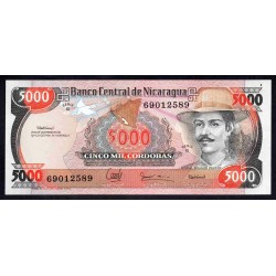 Никарагуа 5000 кордоба 1985 г. (1988 г.) (NICARAGUA 5000 Córdobas 1985(Revalidation 1988)) P157:Unc