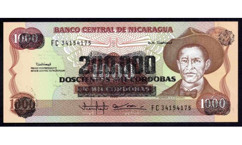 Никарагуа 200000 кордоба 1985 (1990 г.) (NICARAGUA 200000 Córdobas 1985 (1990)) P162:Unc