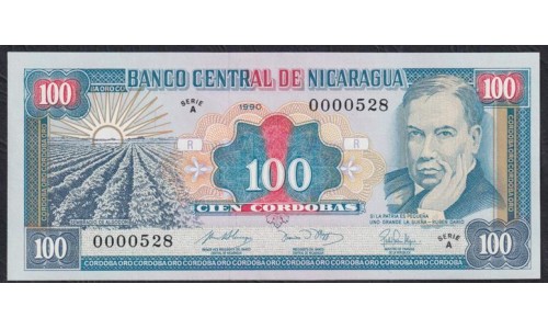 Никарагуа 100 кордоба 1990, серия А, низкий номер №0000528 (NICARAGUA 100 Córdobas 1990) P178 (1): UNC