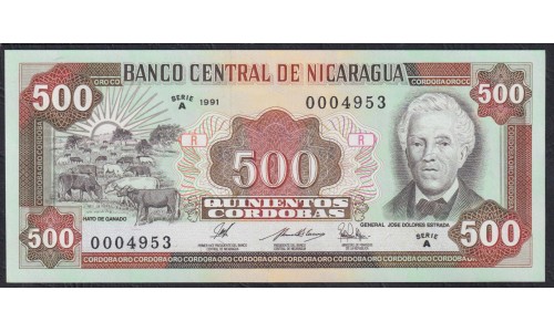 Никарагуа 500 кордоба 1991 года, Серия А 0004953 (NICARAGUA 500 Córdobas 1991, Seria A 0004953) P 178: UNC