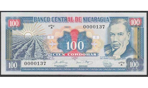 Никарагуа 100 кордоба 1990 года, низкий номер (NICARAGUA 100 Córdobas 1990) P178: UNC