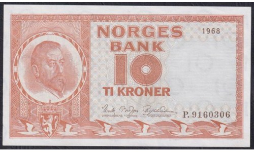 Норвегия 10 крон 1968 год (NORWAY 10 Kroner 1968) P 31d(4): UNC