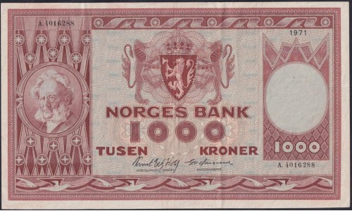 Норвегия 1000 крон 1971 года (NORWAY 1000 Kroner 1971) P 34c: XF+++