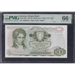 Норвегия 500 крон 1978 года, РЕДКИЕ (NORWAY 500 Kroner 1978) P 39a:  PMG 66 Gem UNC EPQ
