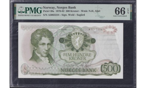 Норвегия 500 крон 1978 года, РЕДКИЕ (NORWAY 500 Kroner 1978) P 39a:  PMG 66 Gem UNC EPQ