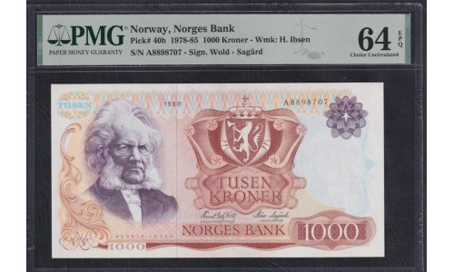 Норвегия 1000 крон 1980 (NORWAY 1000 Kroner 1980) P 40b: UNC PMG 64 EPQ