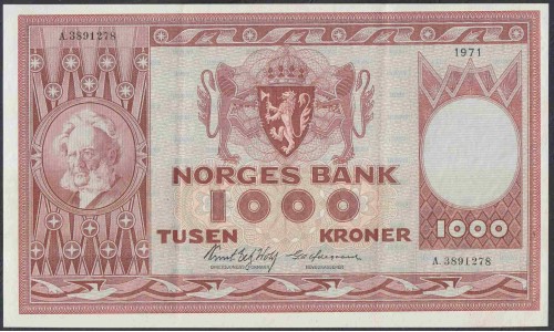 Норвегия 1000 крон 1971 (NORWAY 1000 Kroner 1971) P 35e: XF/aUNC