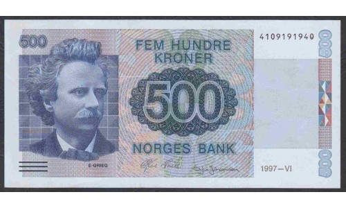 Норвегия 500 крон 1997, Портрет Великого Композитора Эдварда Грига, Редкость (NORWAY 500 Kroner 1997) P 45c : UNC