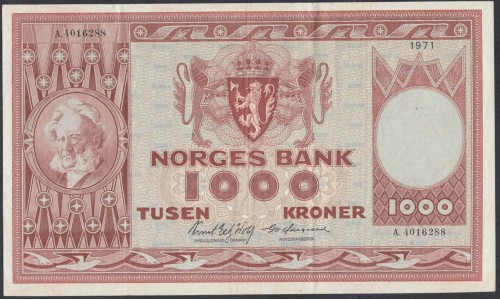 Норвегия 1000 крон 1971 года (NORWAY 1000 Kroner 1971) P 34c: XF+++
