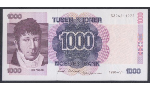 Норвегия 1000 крон 1990 года (NORWAY 1000 Kroner 1990) P 45а: UNC