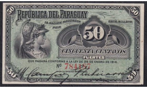 Парагвай 50 центавоc 28.01.1916 года (PARAGUAY 50 Centavos Fuertes Caja de Conversión  Date L. 28.01.1916) P 137a(1): XF/aUNC