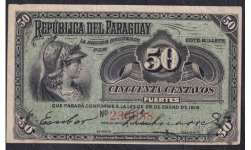 Парагвай 50 центавоc 28.01.1916 года, РЕДКОСТЬ (PARAGUAY 50 Centavos Fuertes Caja de Conversión  Date L. 28.01.1916, RARE) P 137a(2): VF/XF