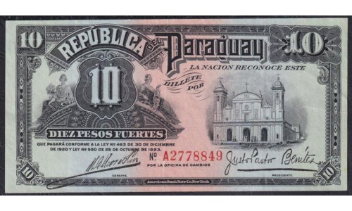 Парагвай 10 песо фуэртос 1920-1923 годы (PARAGUAY 10 Peso Fuertos 1920-1923) P 150a(2): XF