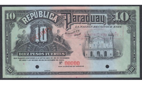 Парагвай 10 песо фуэртос 1923, ОБРАЗЕЦ (PARAGUAY 10 Peso Fuertos 1923, SPECIMEN) P 164s: UNC