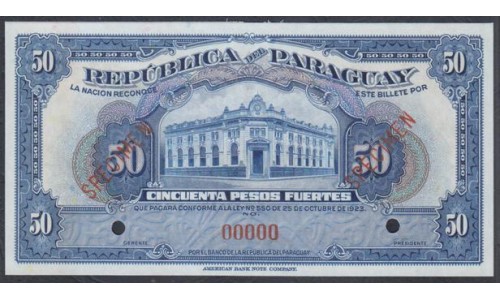 Парагвай 50 песо фуэртос 1923, ОБРАЗЕЦ (PARAGUAY 50 Peso Fuertos 1923, SPECIMEN) P 166s: UNC