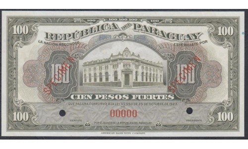 Парагвай 100 песо фуэртос 1923, ОБРАЗЕЦ (PARAGUAY 100 Peso Fuertos 1923, SPECIMEN) P 168s: UNC