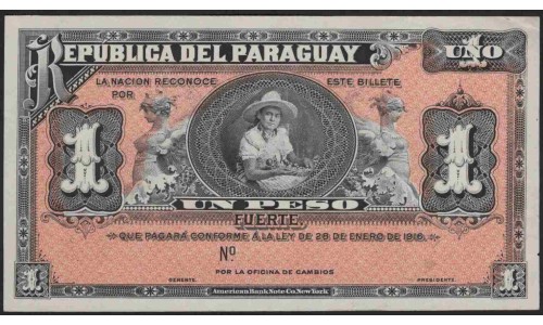 Парагвай 1 песо 1916, пробник (PARAGUAY 1 Peso 1916 PROOF) P 138 : UNC