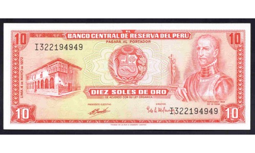 Перу 10 солей 1972 г. (PERU 10 Soles de Oro 1972) P 100c: UNC