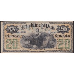 Перу 20 солей 06.30.1879 года, Республика Перу (PERU 20 soles República del Perú 06.30.1879 ) P 7: VF/XF