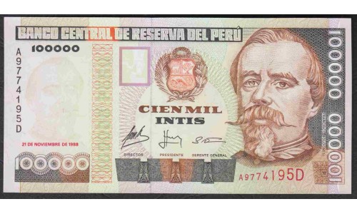 Перу 100000 интис 21.11.1988 г. TDLR (PERU 100000 Intis 21.11.1988, TDLR) P 144: UNC